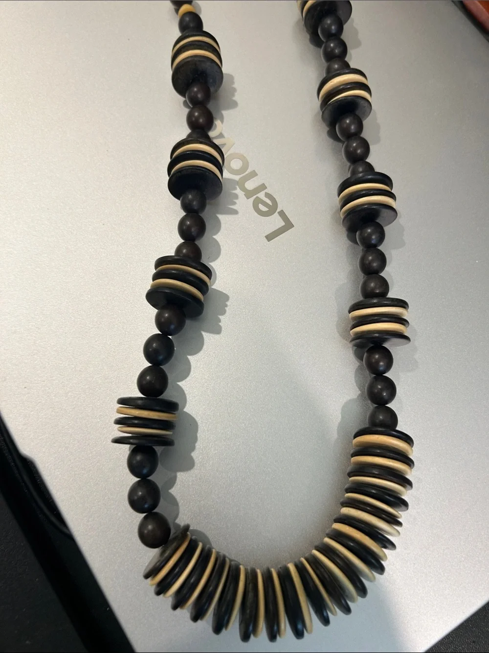 Beaded Men’s Necklace with Black and Cream Accents. 26 inches